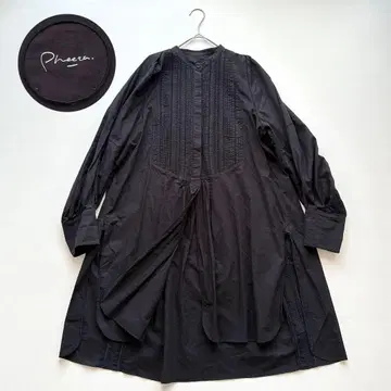 Pheeta 코튼 블라우스 블랙 핀턱 레이스 튜닉