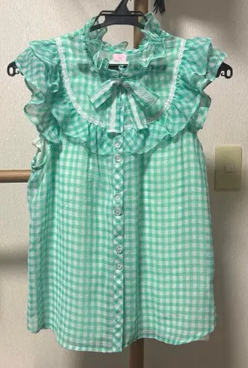 메조 피아노 깅엄 체크 프릴 블라우스 탱크탑 세트 민트