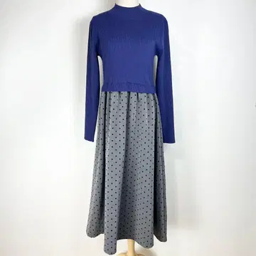 새상품급 오페크 40/L 블루 그레이 니트 도킹 원피스 도트