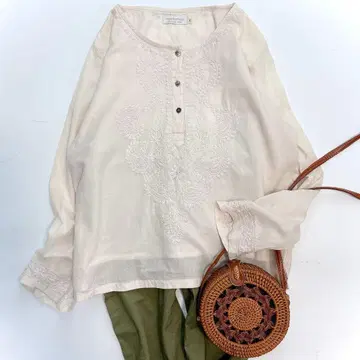 새상품급 시삼 공방 자수 블라우스 숏 쿠르타 손자수 면 100% 2겹