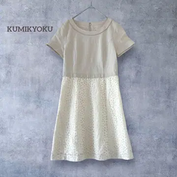 [쿠미쿄쿠] 레이스 절개 도킹 원피스 반팔 안감 부착 포멀 무릎 기장 S