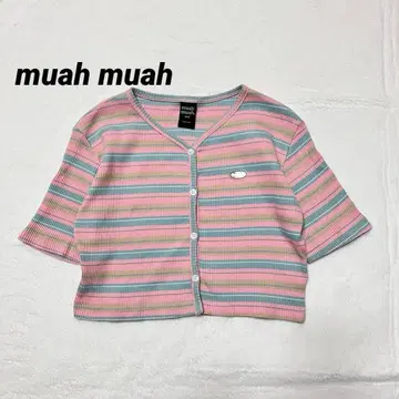 muah muah 크롭 가디건 보더 한국 반팔 FREE