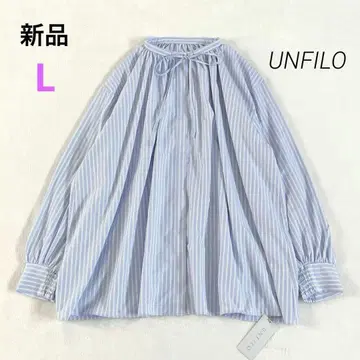 새상품 앙피로 개더 블라우스 L 스카이블루 스트라이프