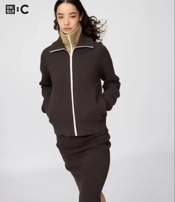 택 포함 UNIQLOC 밀라노 리브 풀 집업 가디건 브라운 XXL