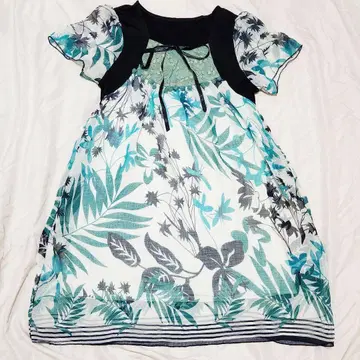 보태니컬 무늬 튜닉 반팔 가슴 레이스 리본 상쾌한 블루 계열