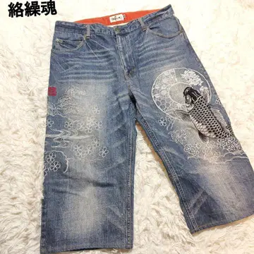 카라쿠리타마시 하프 팬츠 청바지 데님 잉어 자수 7부 기장