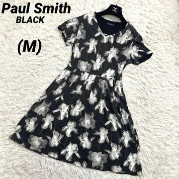 폴스미스 절개 꽃무늬 원피스 블랙 플레어 A라인 반팔 모노톤