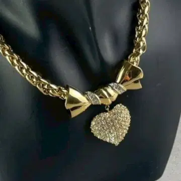 [ 미사용 ] 니나리치 하트 모티브 큐빅 리본 목걸이 금