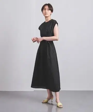 UNITED ARROWS 벨트 원피스 린넨 블랙 프렌치 슬리브