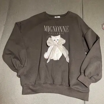 올리브 데 올리브 고양이 프린트 맨투맨 리본 흑먹색