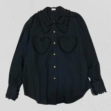 레어 하트 프릴 블라우스 지뢰계 양산형 빅 옷깃 골드 버튼 블랙 M