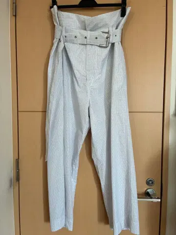 PLAN C 벨트 포함 화이트 체크 와이드 팬츠