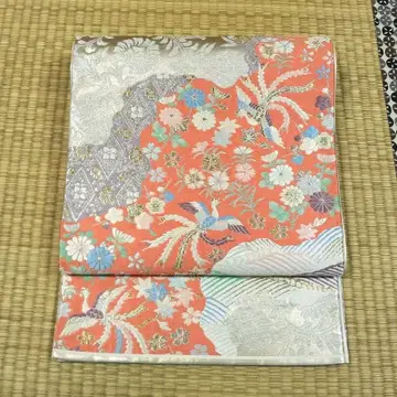 은사와 단채색의 직물에 봉황과 꽃 후쿠로 오비 (후리소데에도)