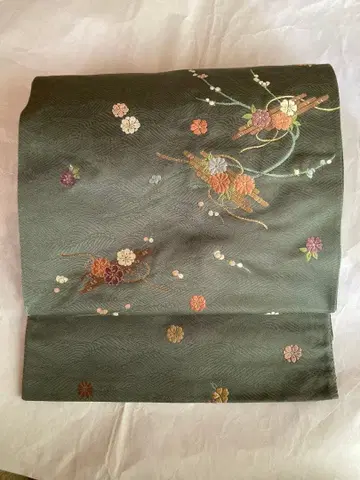 후쿠로 오비 파도 원단 패턴에 꽃무늬 자수 짙은 녹색