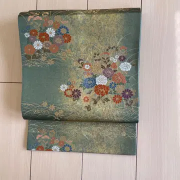 그린 컬러 꽃무늬 후쿠로 오비 금박 사용