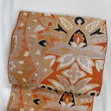 세미 앤티크 당화 무늬 화문 오렌지 후쿠로 오비 기모노 101t