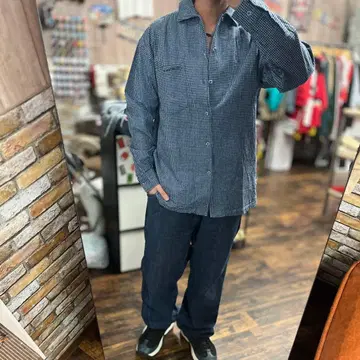 PIKO 데드스탁 구제 의류 스트릿 M 체크 무늬 긴팔 셔츠 네이비