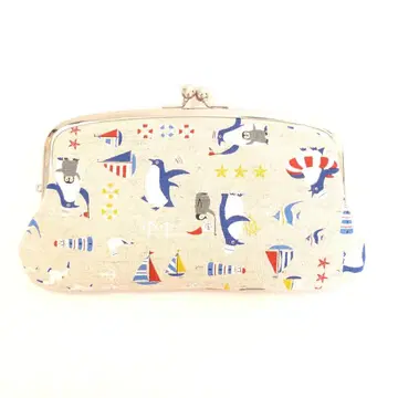 모자 가마구치 장지갑 펭귄 패턴 마린 패턴 미색 G626