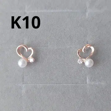 미사용 츠츠미 K10 하트 귀걸이 담수 펄 큐빅 핑크 골드