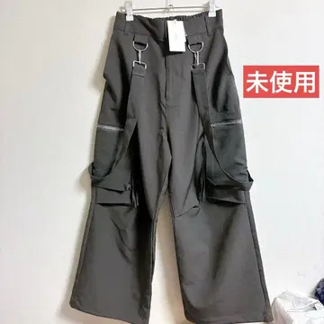 미사용 LILL 루즈 실루엣 하이웨스트 서스펜더 ZIP 포켓 카고