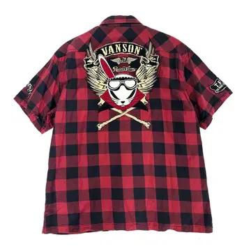 VANSON 반손 와펜 부착 버팔로 체크 반팔 셔츠 XL