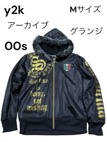 00s y2k 갱 골드 영문 퍼 후드티 악라 시크 스타일 그런지