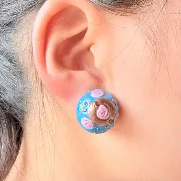 베네치아 비즈 귀찌 빈티지 유리 빅 사이즈 꽃무늬 블루