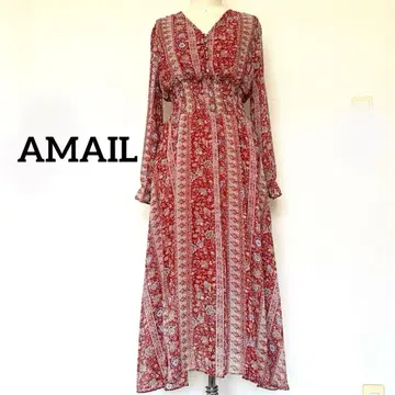 AMAIL V넥 롱 원피스 A라인 플레어 꽃무늬