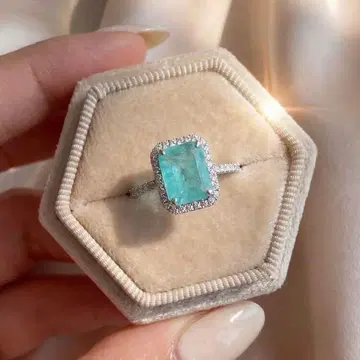 9호 엔젤 페더 아쿠아 마린 스퀘어 컷 반지 풀 다이아 925