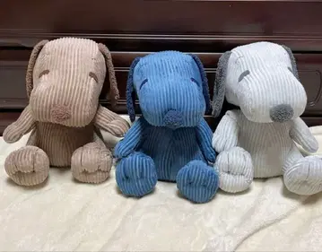 스누피 코듀로이 앉은 봉제 인형 3개 세트 브라운 네이비 그레이