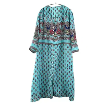 민족 의상풍 에스닉 패턴 롱 원피스 블루 계열