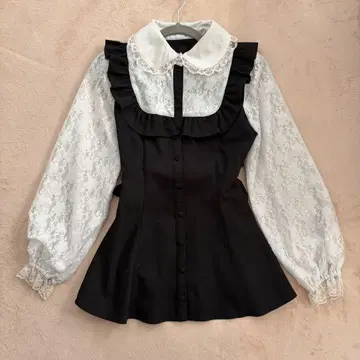 시크릿허니 레이스 소매 프릴 요크 셋업