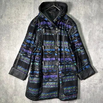 개성파 가죽 올 패턴 코트 천연 가죽 후드 블랙 토글