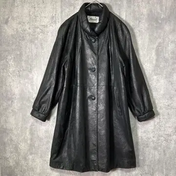 고급 램 가죽 올 패턴 볼륨 옷깃 롱 코트 블랙 천연 가죽