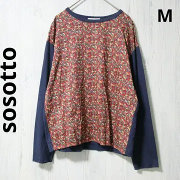 소소토 티셔츠 네이비 미니 꽃무늬 절개 긴팔 면 100% 일본제