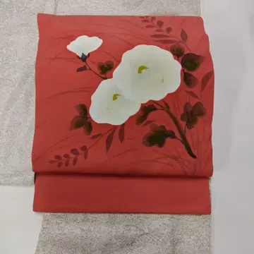 세련된 나고야 오비 짙은 진삼홍색에 하얀 꽃의 염색 오비 길이 388cm