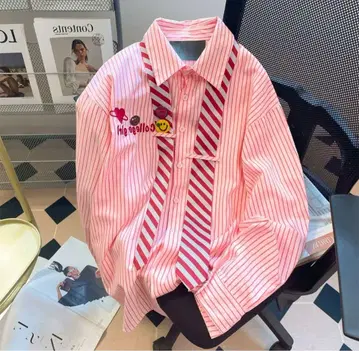 핑크 스트라이프 넥타이 포함 긴팔 셔츠 칼리지풍 캐주얼 상의 새상품