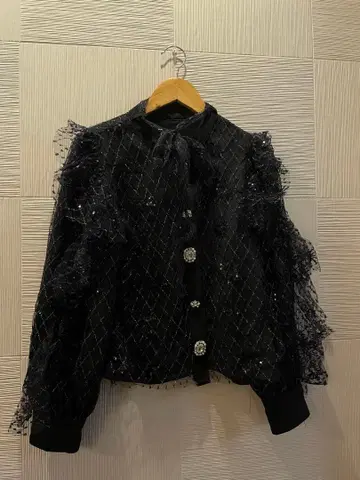 swankiss 튤 블라우스 비쥬 라메 리본 레이스 스팽글