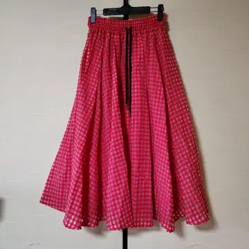 OBLI 핑크 깅엄 체크 오간자 플레어 스커트