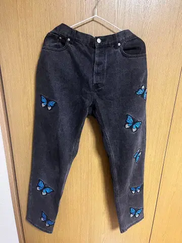 crawling death 나비 자수 장식 다크 그레이 데님