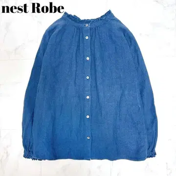 새상품급 네스트로브 린넨 100% 천연 염색 프릴 칼라 블라우스 블루