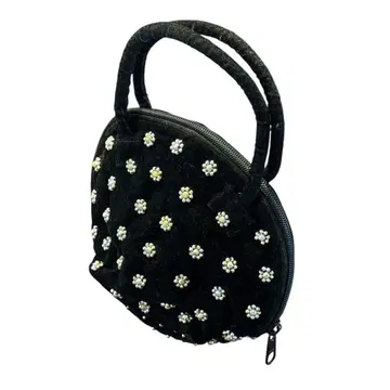 빈티지 벨벳 라운드 백 꽃무늬 비즈 자수 블랙 미니백