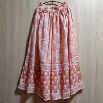 인도 면 블록 프린트 개더 스커트 롱 꽃무늬 핑크 [ 6K-9 ]