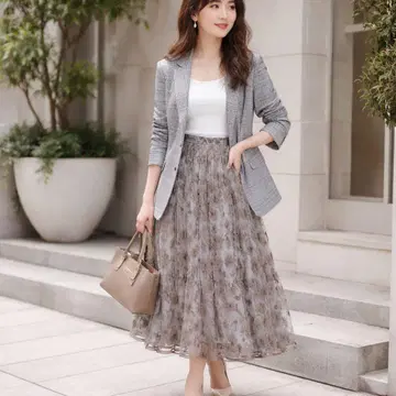 미라 오웬 린넨 혼방 자켓 스커트 셋업 S 그레이