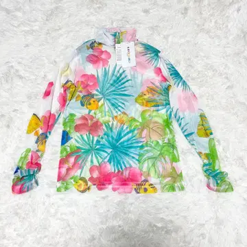 미사용 택 포함 레오나르 트로피컬 꽃무늬 하이넥 시어 티셔츠 42