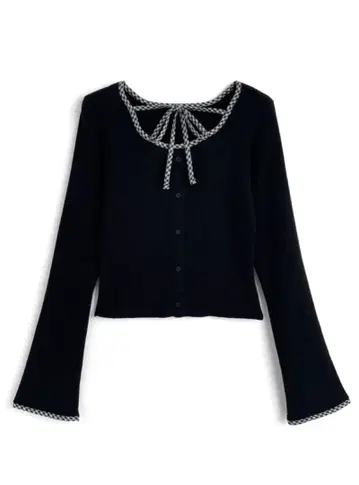 GRL 체크 무늬 파이핑 리본 니트탑 블랙 [tu1967]