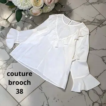미사용 새상품 쿠튀르 브로치 소매 프릴 레이스 블라우스 38 M 화이트