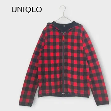 유니클로 플리스 후드티 M 후드 체크 레드 속기모 따뜻한