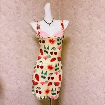 헤이세이 갸루 Y2K 후르츠 패턴 타이트 핏 미니 원피스