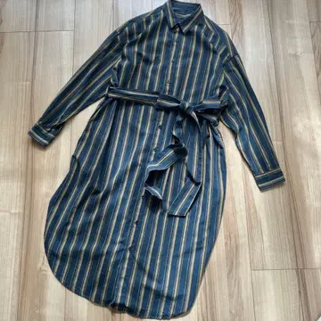 ichi 이치 스트라이프 긴팔 셔츠 원피스 겉옷 2way 그린 브라운